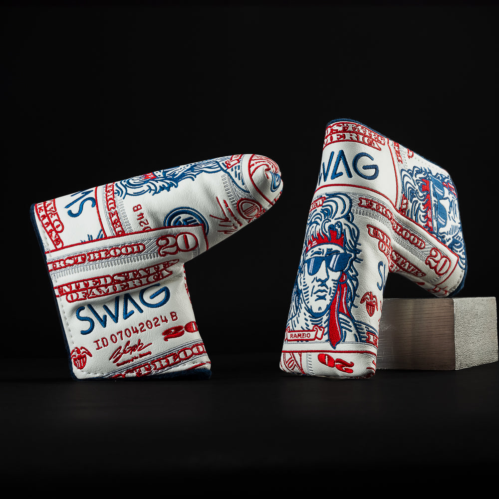 The Jacked Jackson red, white and blue blade putter head cover made in the USA.