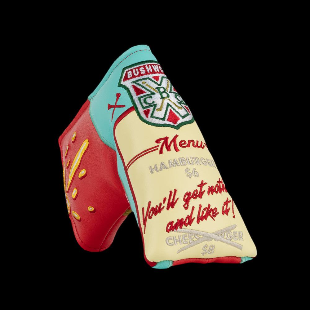 Rewind Golf Caddyshack Halfway House Menu blade headcover with cream menu embroidery, turquoise trim and red side panel.