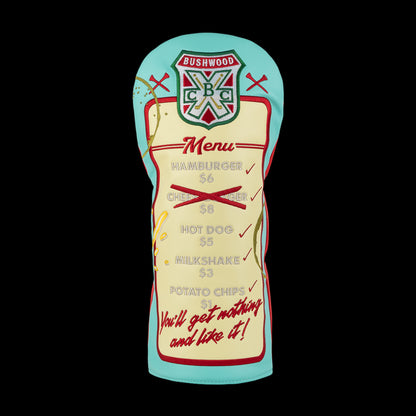 Rewind Golf Caddyshack Halfway House Menu driver headcover with Bushwood crest, embroidered cream menu and turquoise border.