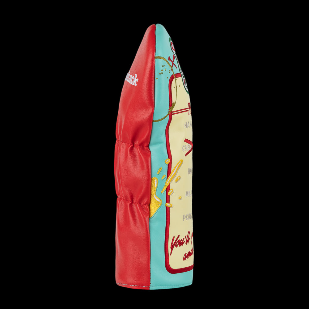 Side view of Rewind Golf Caddyshack Halfway House Menu driver headcover showing red backing and turquoise-trimmed menu panel.