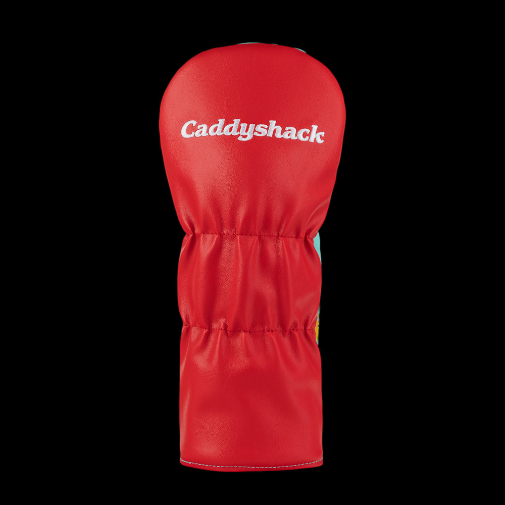 Red back of Rewind Golf Caddyshack Halfway House Menu driver headcover with white Caddyshack embroidery.