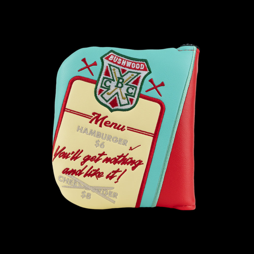 Rewind Golf Caddyshack Halfway House Menu mallet headcover with Bushwood crest, cream menu panel and turquoise trim.