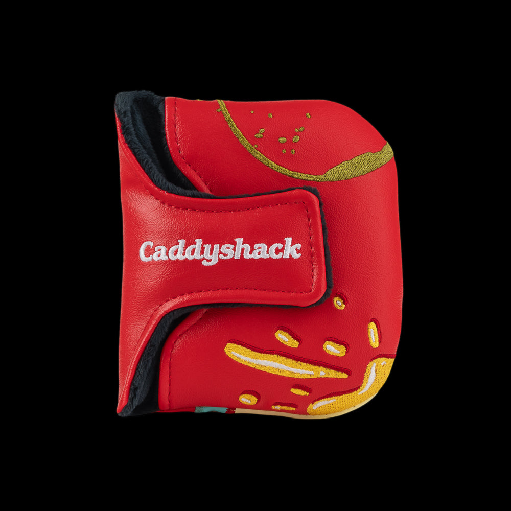 Red back of Rewind Golf Caddyshack Halfway House Menu mallet headcover with white Caddyshack lettering and yellow splatter accents.
