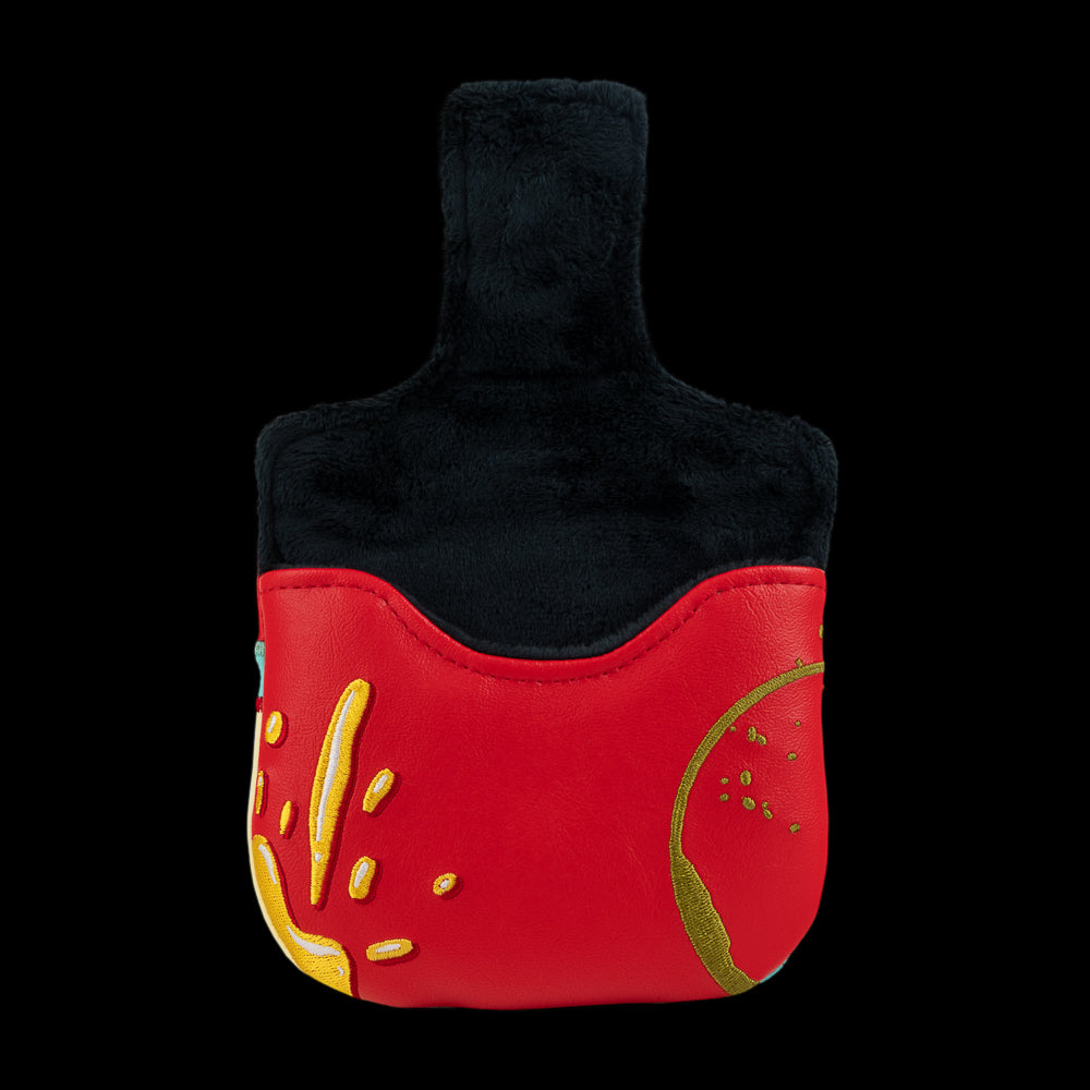 Open Rewind Golf Caddyshack Halfway House Menu mallet headcover showing black lining and red embroidered exterior with yellow detailing.