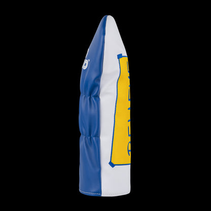 Rewing Golf x Ted Lasso white and blue driver headcover with yellow and blue "BELIEVE" sign from the tv show locker room.