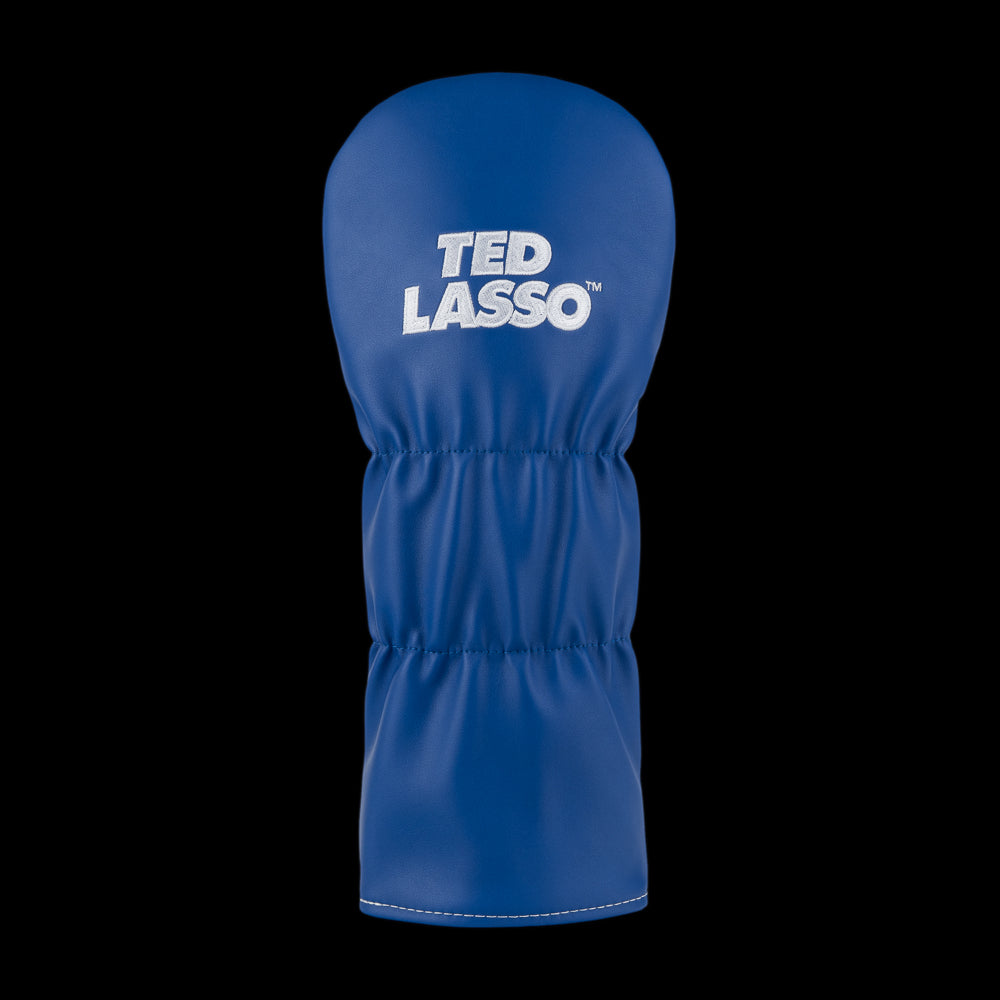 Rewing Golf x Ted Lasso white and blue driver headcover with yellow and blue "BELIEVE" sign from the tv show locker room.