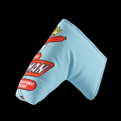 Rewind Golf x Ferris Bueller's Day Off official sky blue and red blade golf headcover featuring Abe Froman Sausage King of Chicago embroidery.