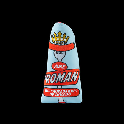 Rewind Golf x Ferris Bueller's Day Off official sky blue and red blade golf headcover featuring Abe Froman Sausage King of Chicago embroidery.