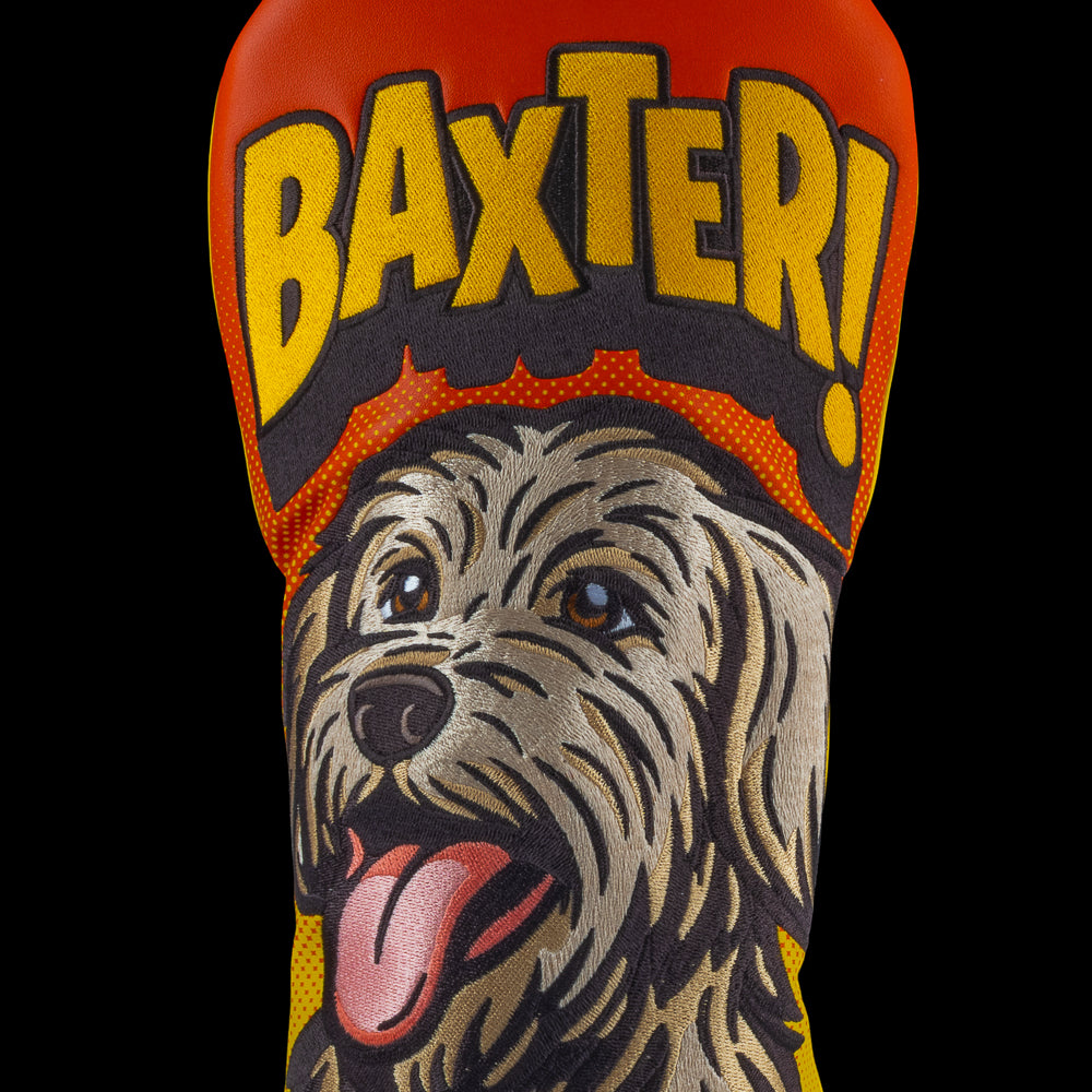 Rewind Golf x Anchorman Baxter The Dog themed driver golf headcover with 'Baxter!' text on a black background.