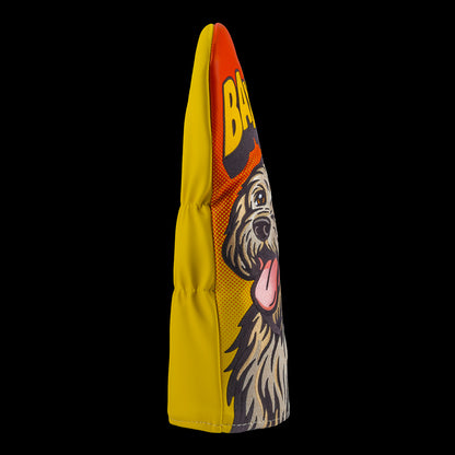 Rewind Golf x Anchorman Baxter The Dog themed driver golf headcover with 'Baxter!' text on a black background.