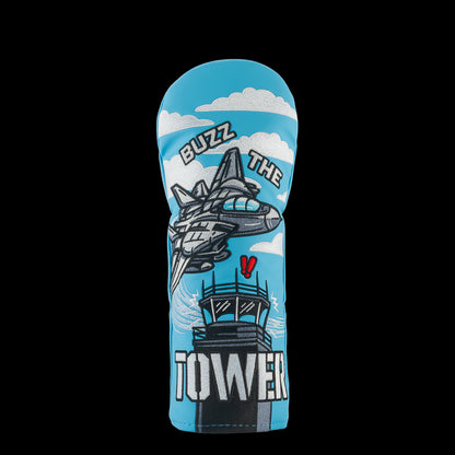 Rewind Golf x Top Gun official Buzz The Tower movie scene with fighter jet and control tower embroidery on a fairway wood golf headcover.