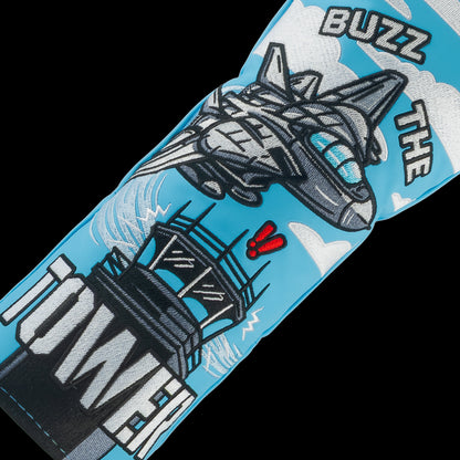 Rewind Golf x Top Gun official Buzz The Tower movie scene with fighter jet and control tower embroidery on a fairway wood golf headcover.