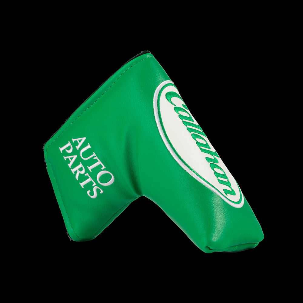 Green Callahan Auto Parts blade putter cover with logo.