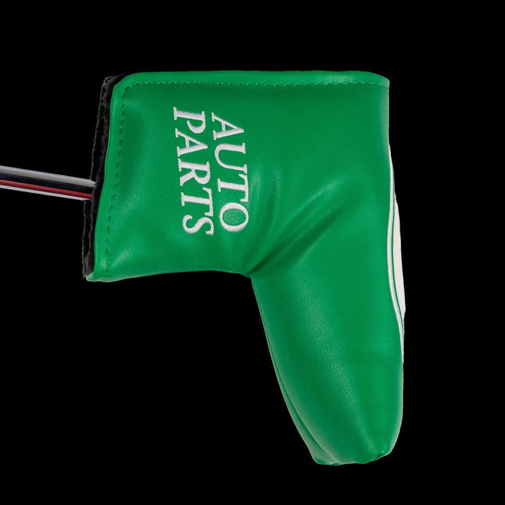 Green Callahan Auto Parts blade putter cover with logo.