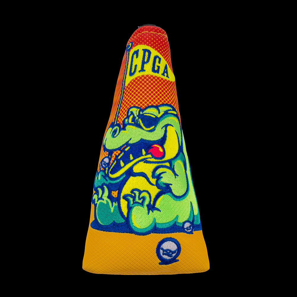 Rewind Golf x Happy Gilmore Chubbs Academy Gator orange and yellow officially licensed blade golf headcover.