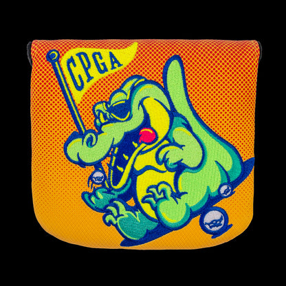 Rewind Golf x Happy Gilmore Chubbs Peterson Golf Academy orange and yellow officially licensed center shaft XL mallet headcover.