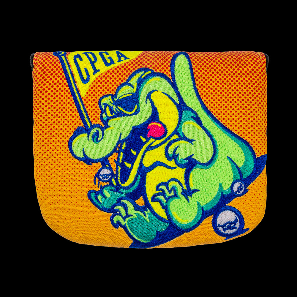 Rewind Golf x Happy Gilmore official Chubbs Peterson Golf Academy yellow and orange with embroidered gator mallet golf headcover.