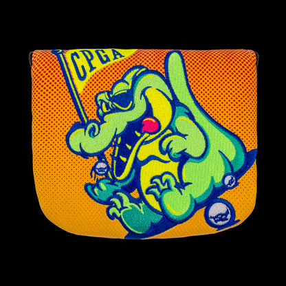 Rewind Golf x Happy Gilmore official Chubbs Peterson Golf Academy yellow and orange with embroidered gator mallet golf headcover.