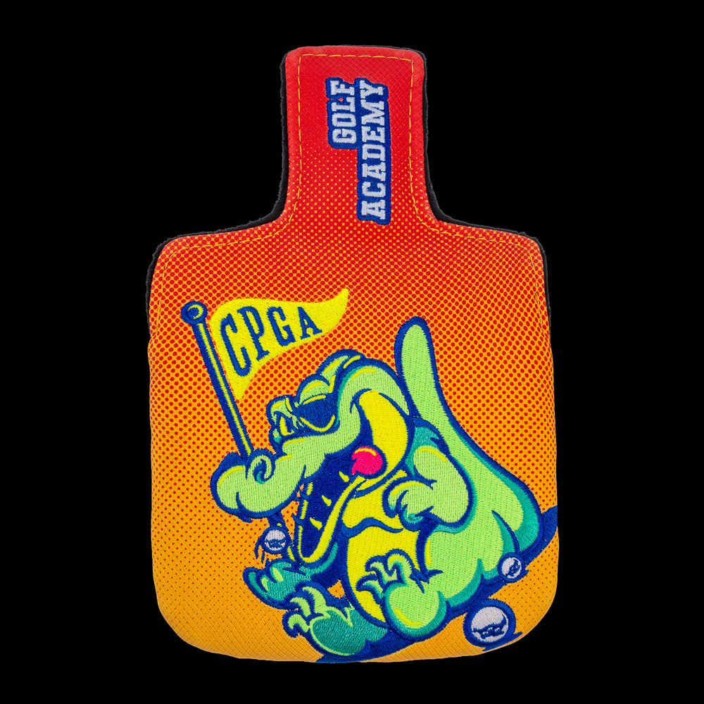 Rewind Golf x Happy Gilmore official Chubbs Peterson Golf Academy yellow and orange with embroidered gator mallet golf headcover.