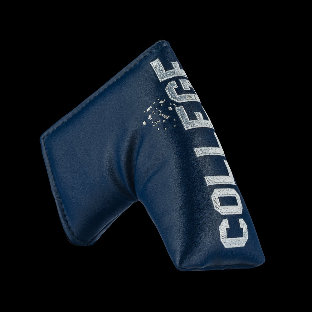 Rewind Golf x Animal House College blue blade golf headcover with 'COLLEGE' text on a black background