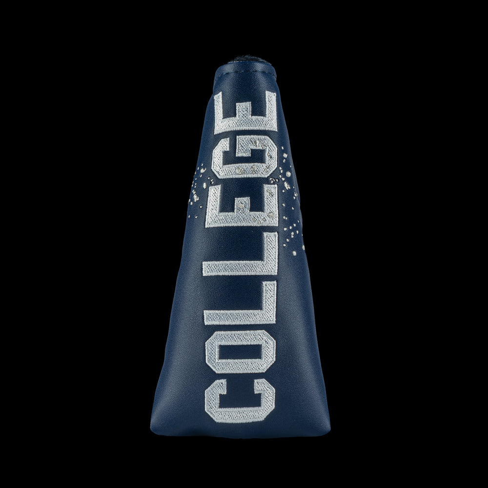 Rewind Golf x Animal House College blue blade golf headcover with 'COLLEGE' text on a black background