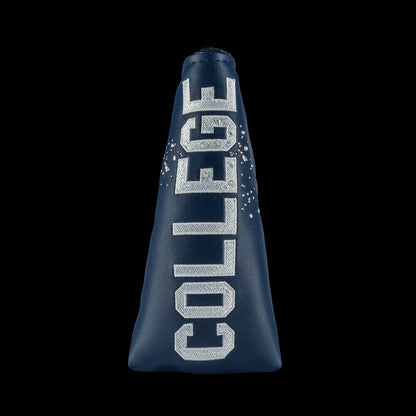 Rewind Golf x Animal House College blue blade golf headcover with 'COLLEGE' text on a black background