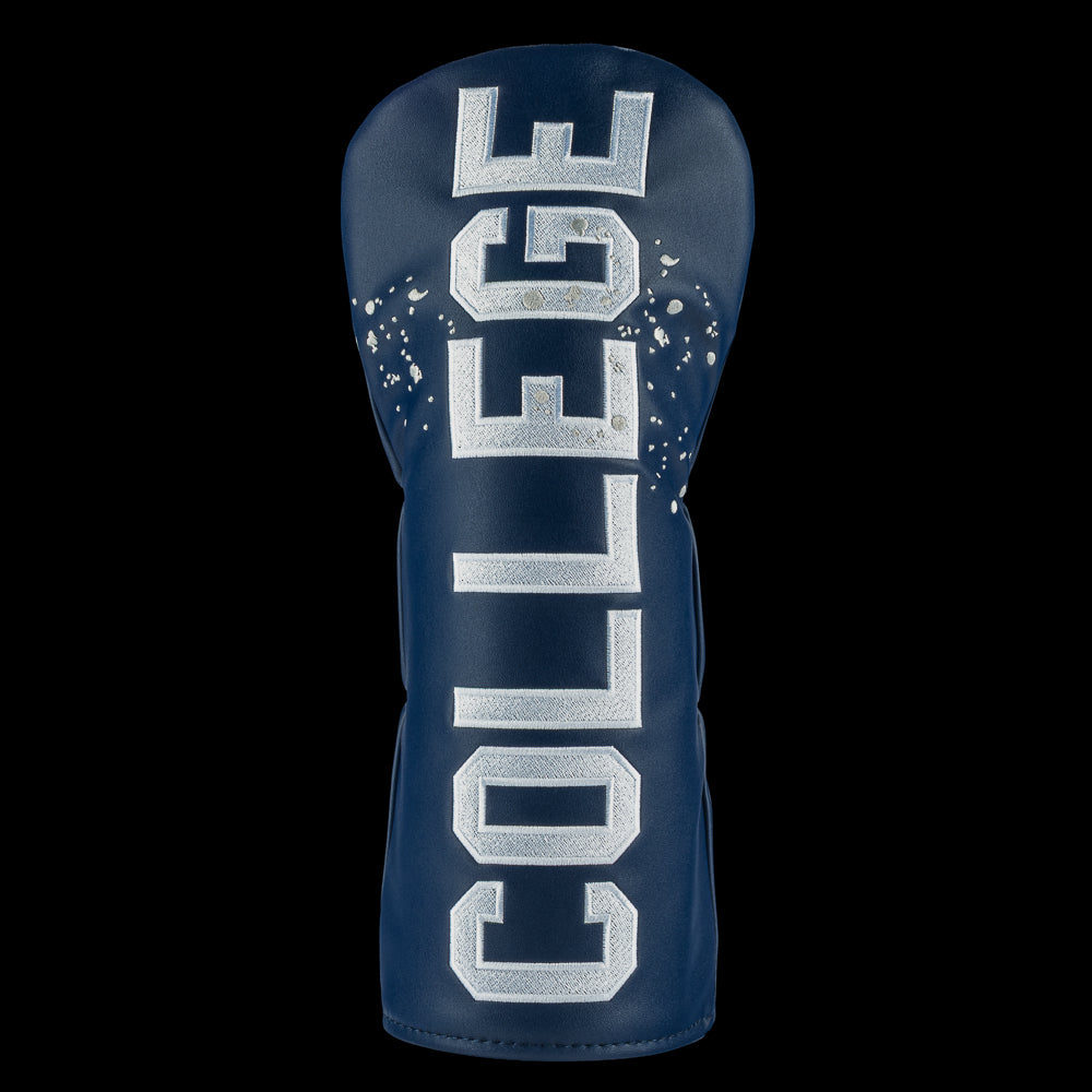 Rewind Golf x Animal House official Navy blue golf club driver headcover with 'COLLEGE' text on a black background