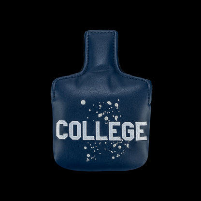 Rewind Golf x Animal House official mallet golf headcover with 'COLLEGE' text and white paint splashes on a black background