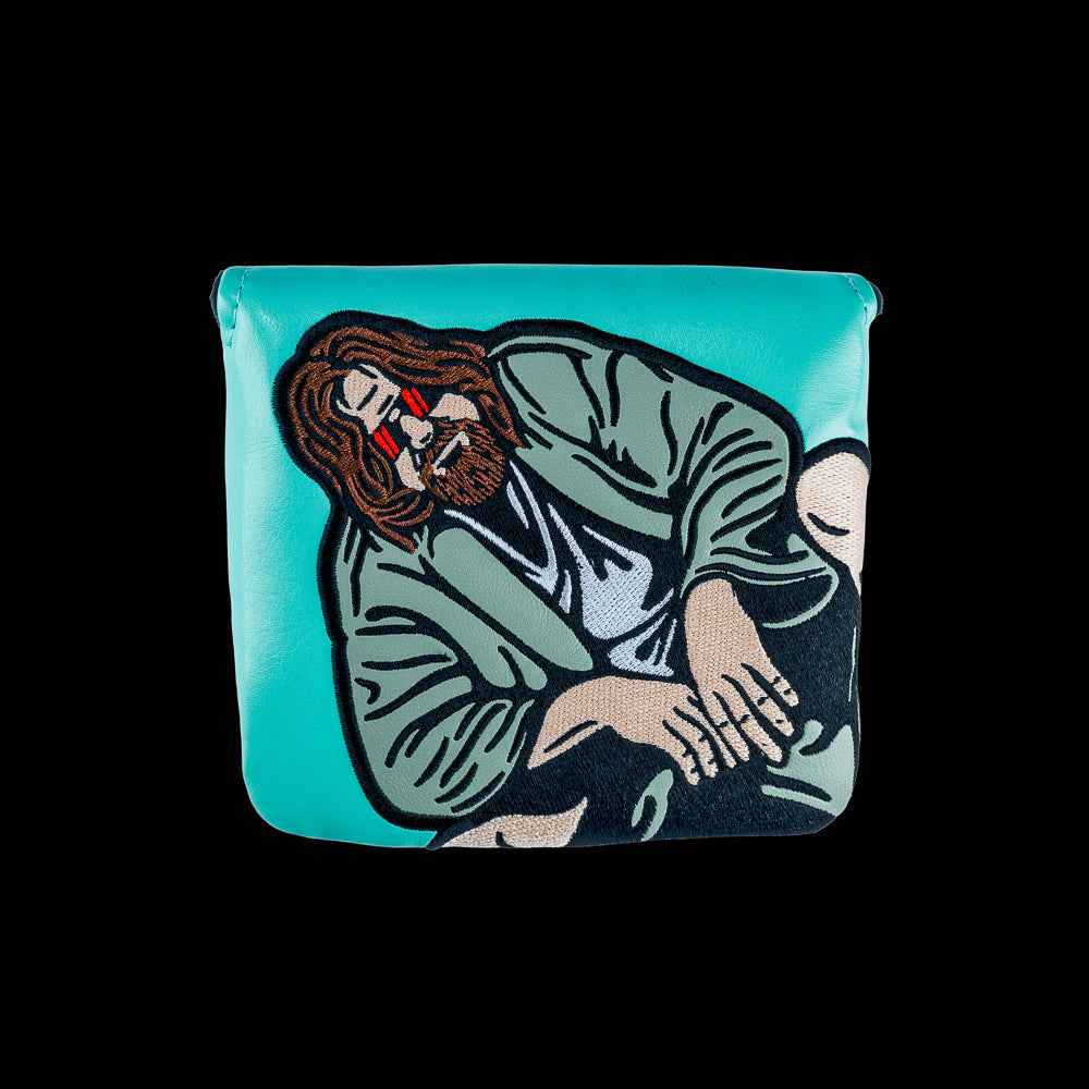 Rewind Golf x Big Lebowski The Dude Abides official center shaft XL golf headcover with teal material and the dude embroidered.