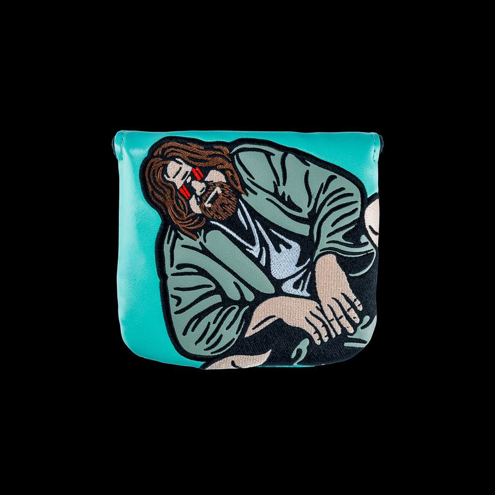 Rewind Golf x Big Lebowski The Dude Abides official teal mallet golf headcover with an embroidered dude on the front.