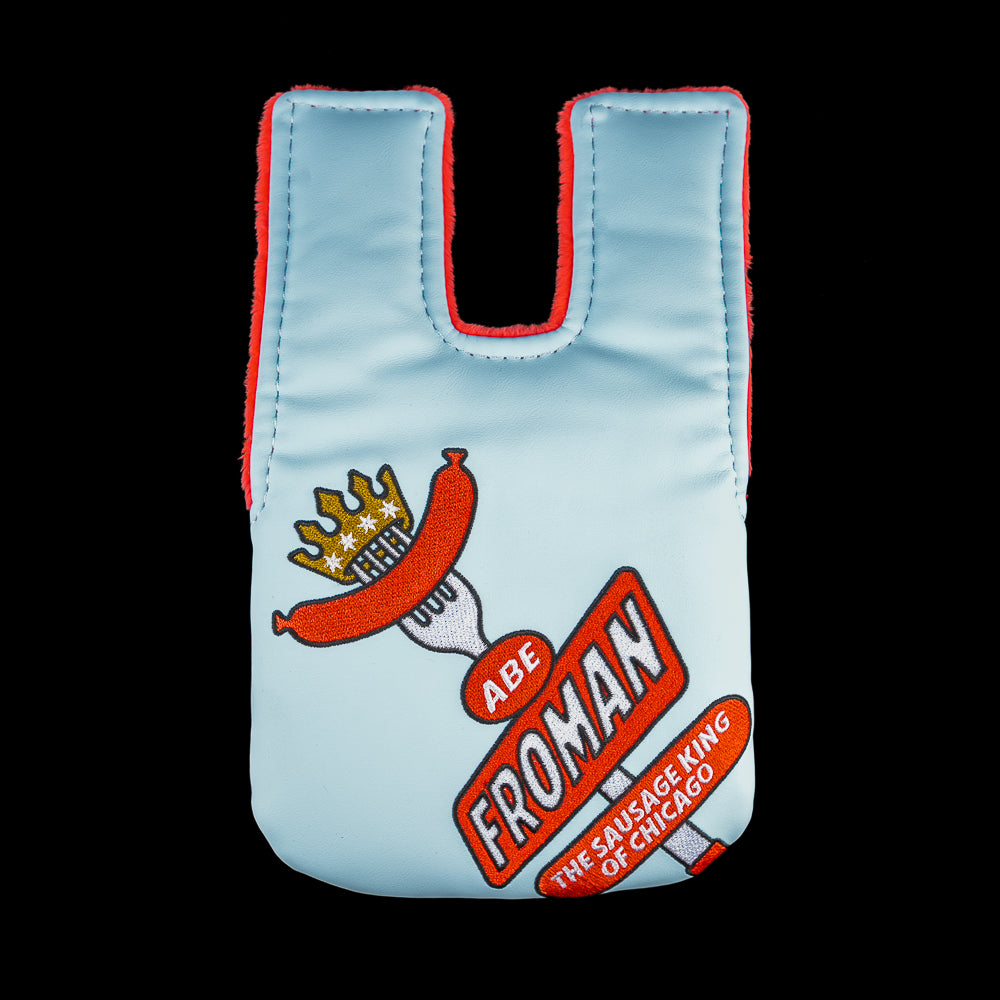 Rewind Golf x Ferris Bueller official Abe Froman Sausage King of Chicago blue and red center shaft mallet golf headcover.