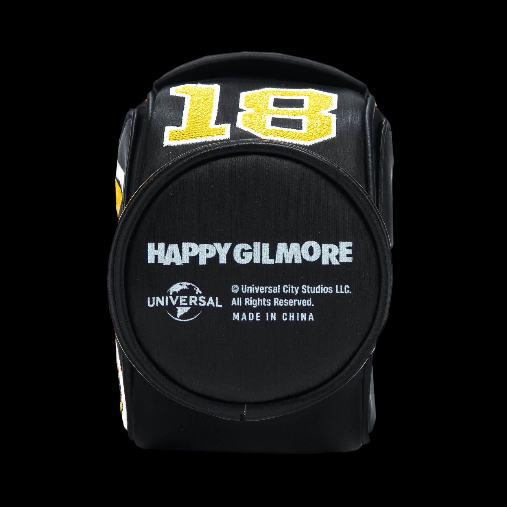 Rewind Golf x Happy Gilmore 18 Hockey Jersey official desk caddy accessory featuring black, gold, and yellow details and Happy Gilmore logo.