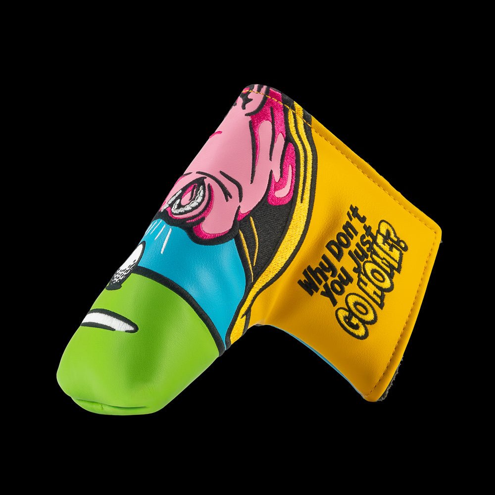 Rewind Golf x Happy Gilmore Why Don't You Just Go Home movie scene green, blue, and yellow blade golf headcover.