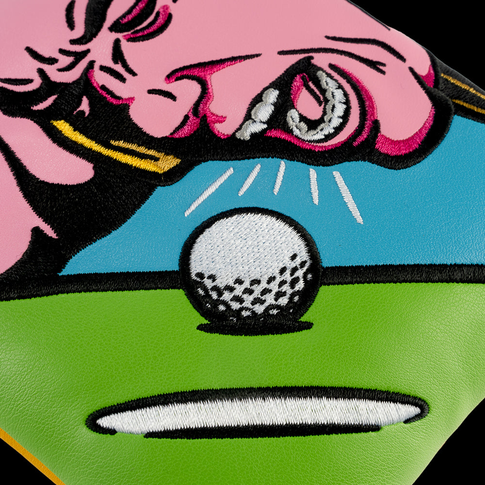 Rewind Golf x Happy Gilmore Why Don't You Just Go Home movie scene green, blue, and yellow mallet golf headcover.