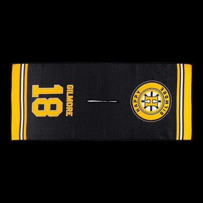 Black performance golf towel with yellow stripes and a Happy Gilmore Hockey logo.