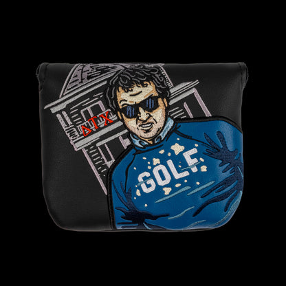 Animal House official blue golf sweater mallet putter headcover on black material.