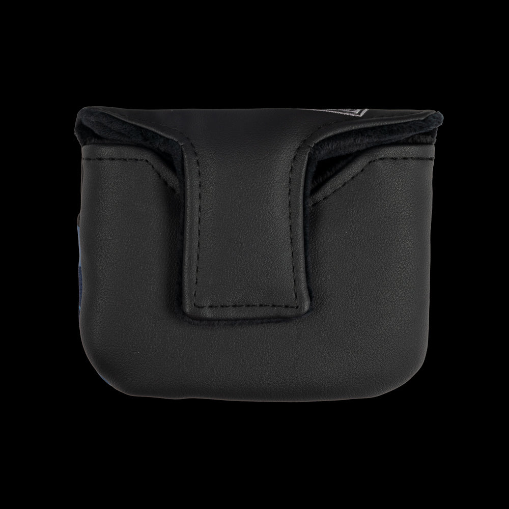 Animal House official blue golf sweater mallet putter headcover on black material.