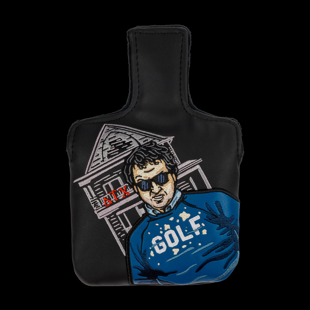 Animal House official blue golf sweater mallet putter headcover on black material.