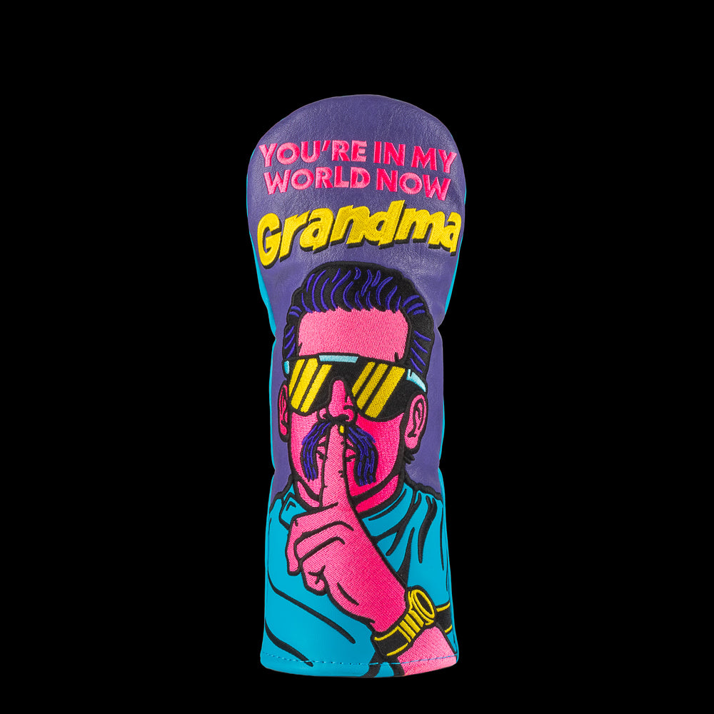 Happy Gilmore x Rewind Golf You're In My World Now Grandma purple and blue movie scene fairway wood golf headcover.