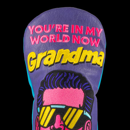Happy Gilmore x Rewind Golf You're In My World Now Grandma purple and blue movie scene fairway wood golf headcover.