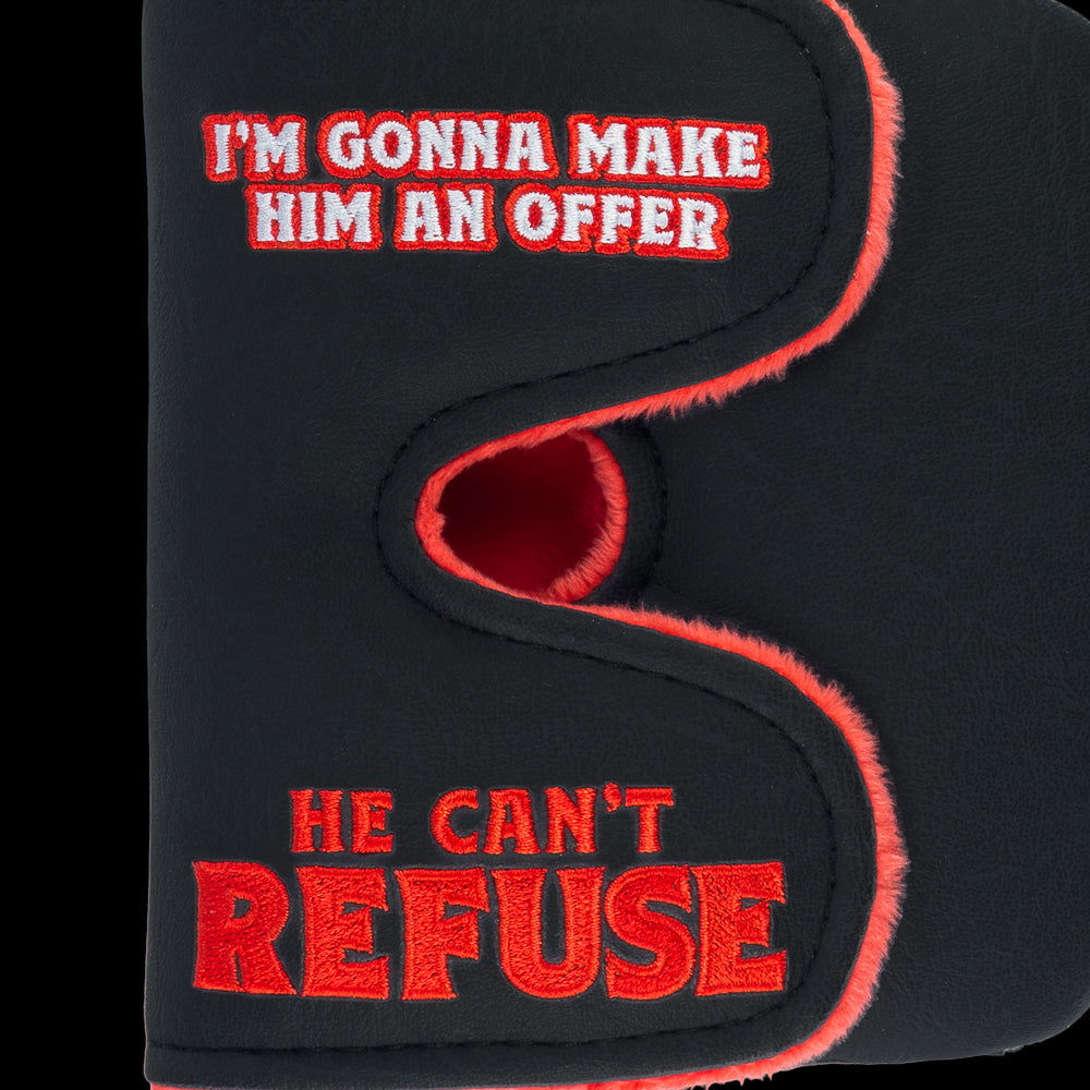 Rewind Golf x The Godfather official Offer He Can't Refuse black, white, and red center shaft XL mallet golf headcover.