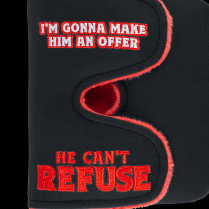 Rewind Golf x The Godfather official Offer He Can't Refuse black, white, and red center shaft XL mallet golf headcover.