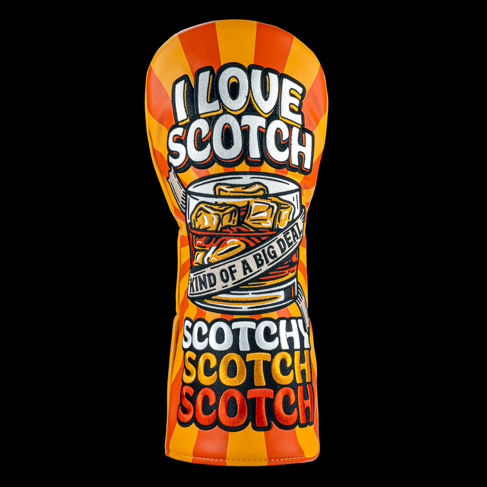 Rewind Golf x Anchorman I Love Scotch orange and yellow official driver golf headcover with whiskey glass embroidered on the front.