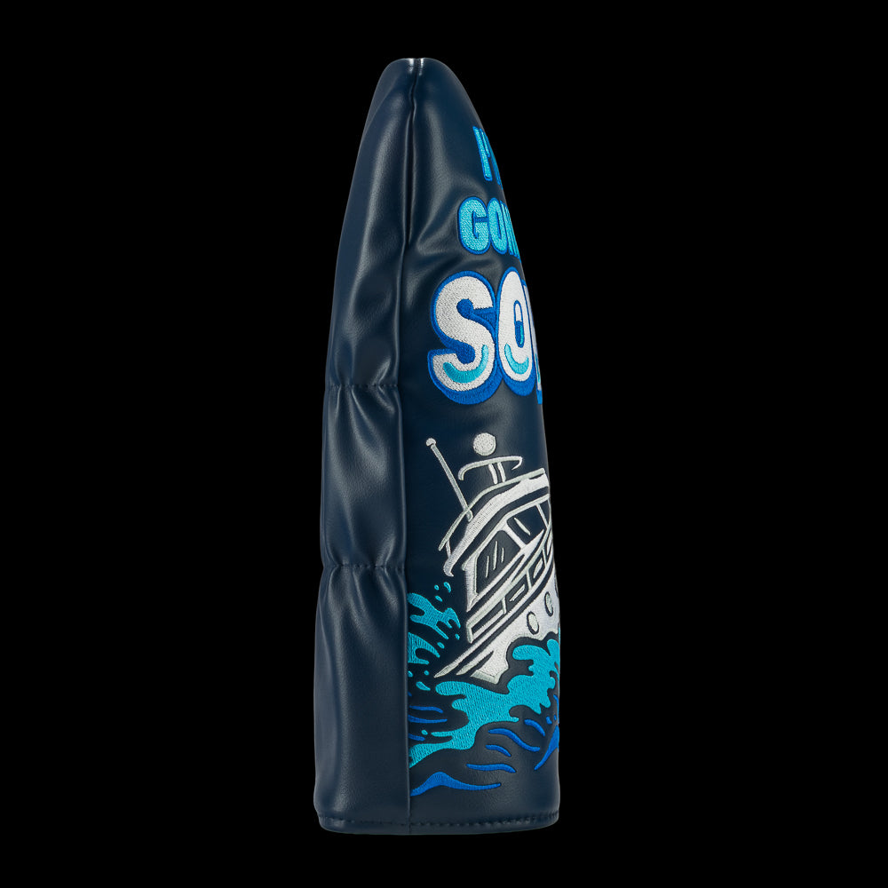 Rewind Golf x Wolf of Wall Street officially licensed navy driver golf headcover with "I'm not gonna die sober" quote and the Naomi yacht crashing through waves.