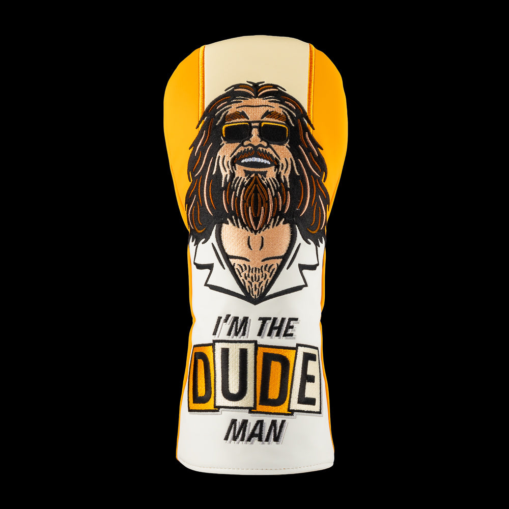 Rewind Golf x Big Lebowski I'm The Dude Man orange and white driver heacover featuring image of the dude.
