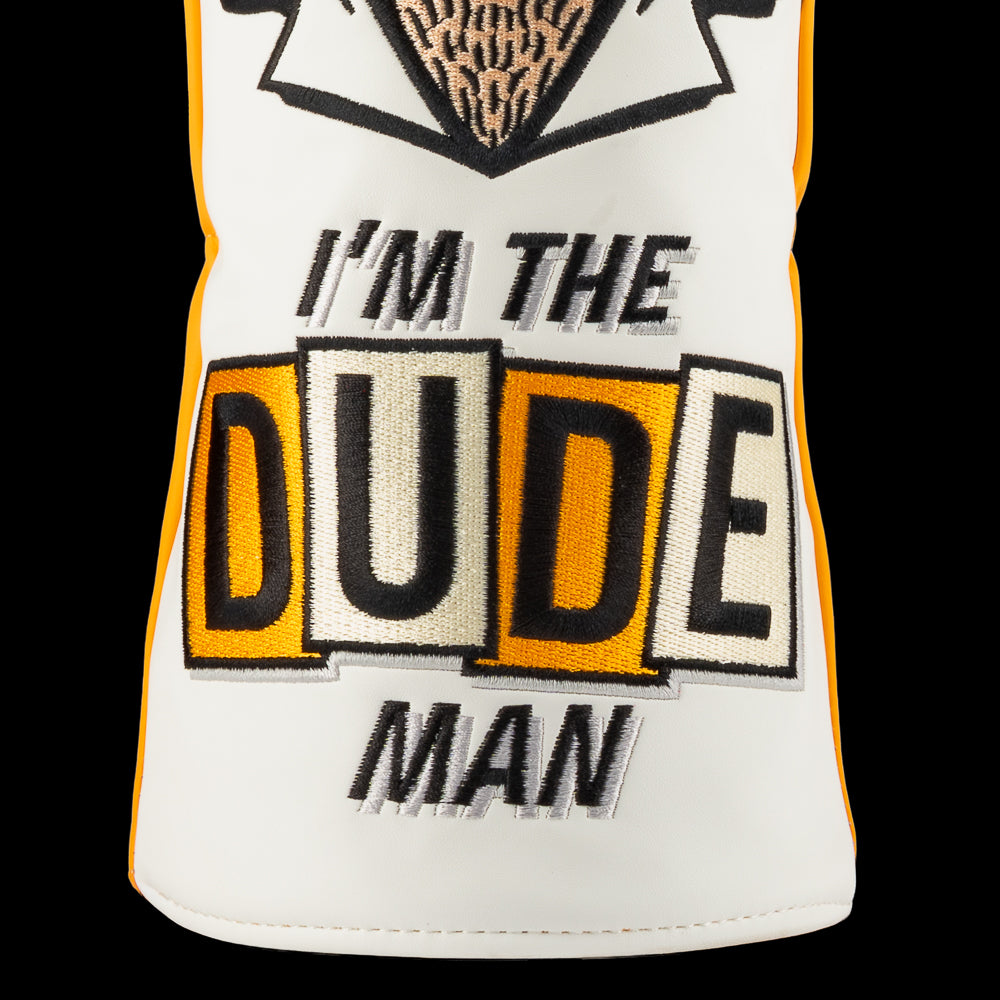 Rewind Golf x Big Lebowski I'm The Dude Man orange and white driver heacover featuring image of the dude.