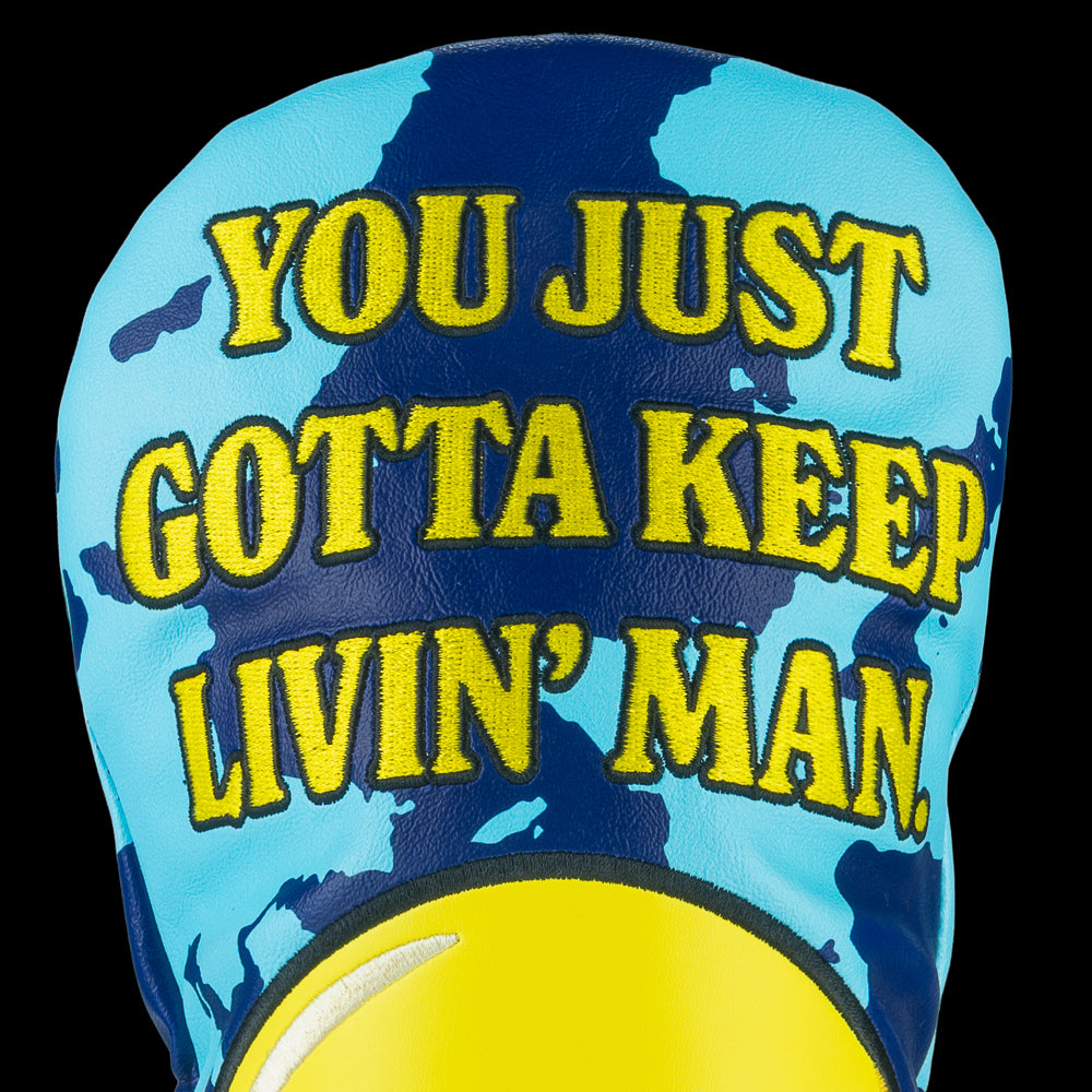 Rewind Golf x Dazed and Confused licensed Gotta Keep Livin' Man smiley face on blue camo driver golf headcover.