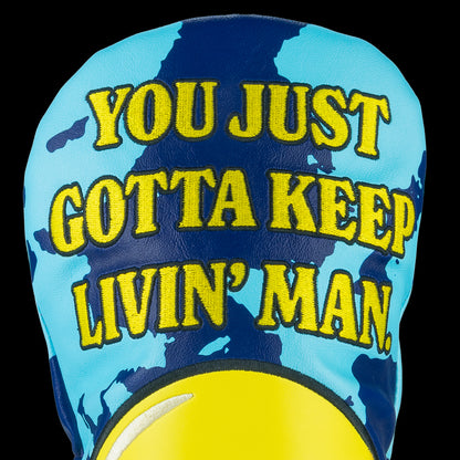 Rewind Golf x Dazed and Confused licensed Gotta Keep Livin' Man smiley face on blue camo driver golf headcover.