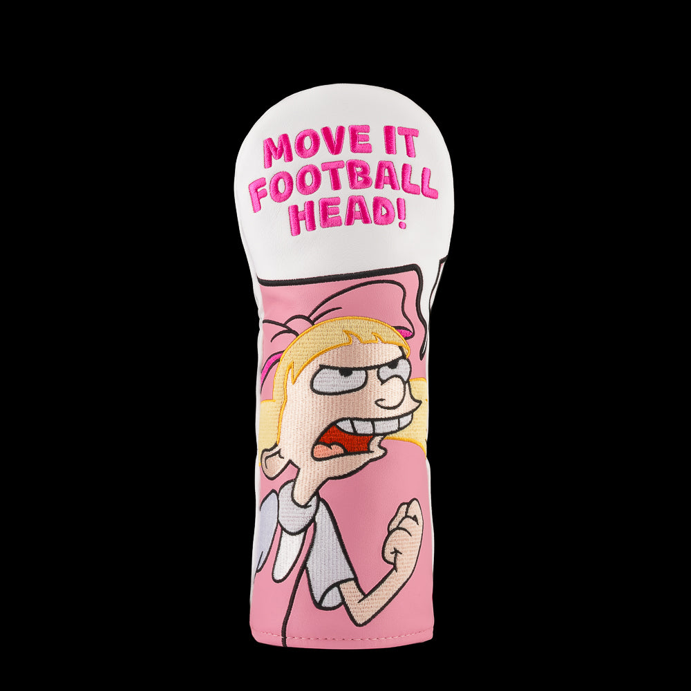 Pink Helga fairway cover with “Move It Football Head” quote.