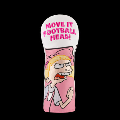 Pink Helga fairway cover with “Move It Football Head” quote.